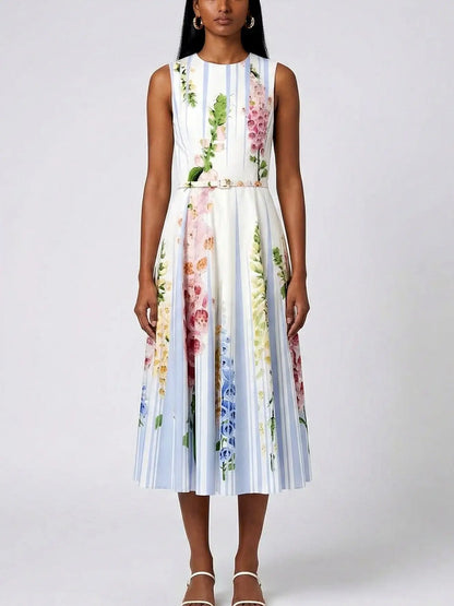 Striped Floral Belted Cotton Midi Dress - Dresses