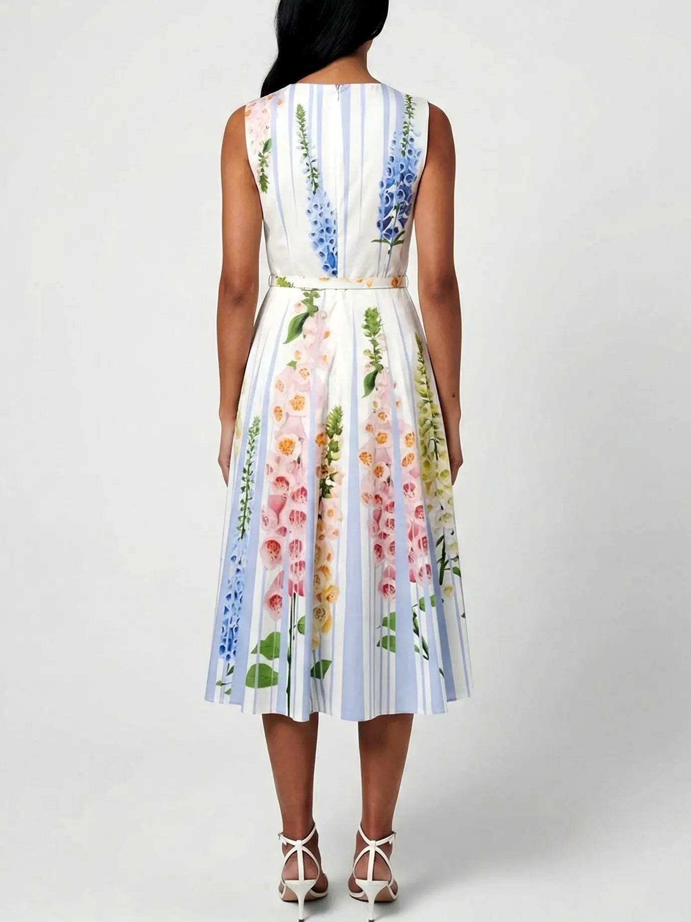 Striped Floral Belted Cotton Midi Dress - Dresses