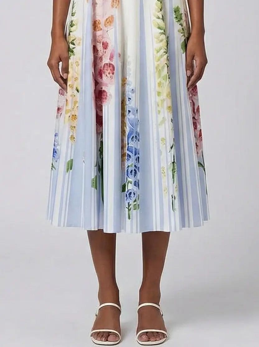 Striped Floral Belted Cotton Midi Dress - Dresses