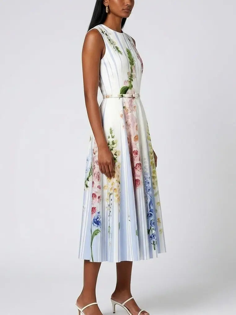 Striped Floral Belted Cotton Midi Dress - Dresses