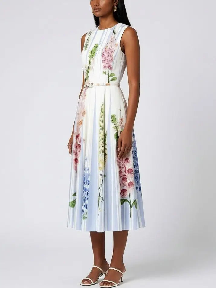 Striped Floral Belted Cotton Midi Dress - Dresses