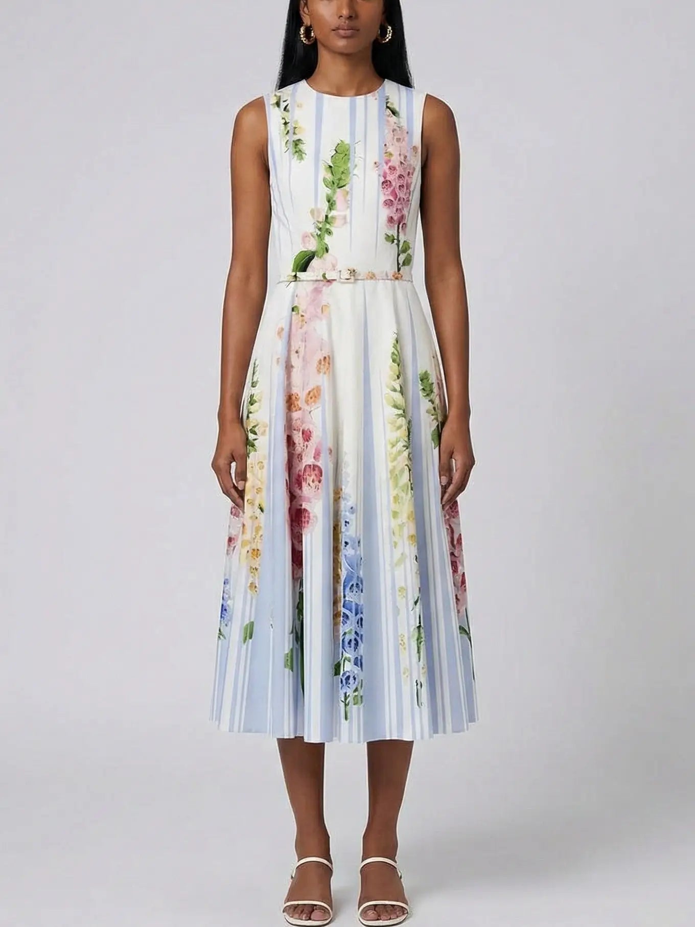Striped Floral Belted Cotton Midi Dress - Dresses