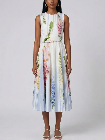 Striped Floral Belted Cotton Midi Dress - Dresses