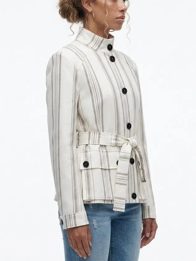 Striped Linen-Blend Belted Jacket with Stand Collar - Jackets