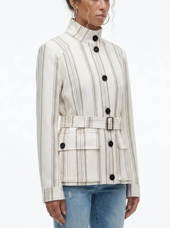 Striped Linen-Blend Belted Jacket with Stand Collar - Jackets