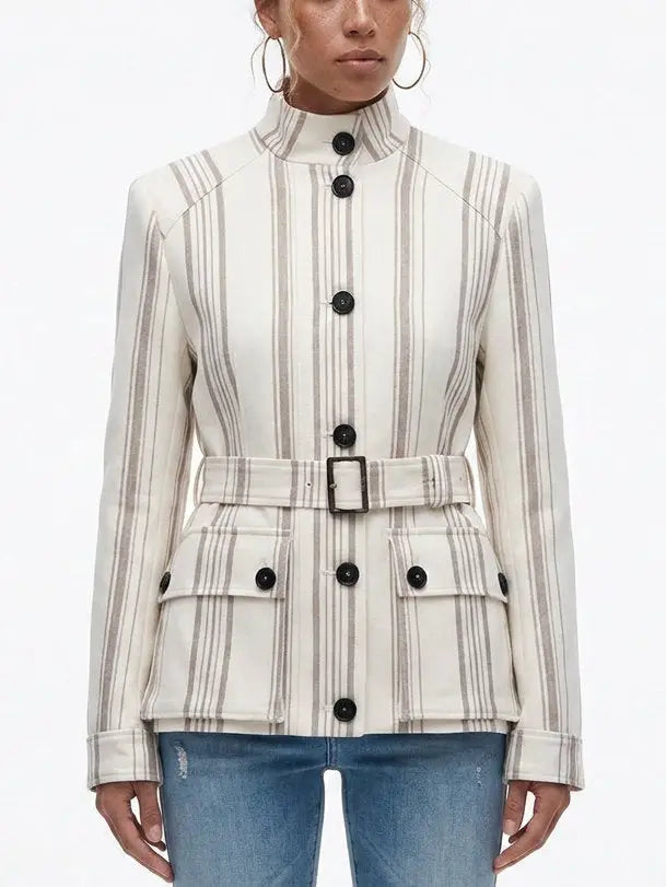 Striped Linen-Blend Belted Jacket with Stand Collar - Jackets