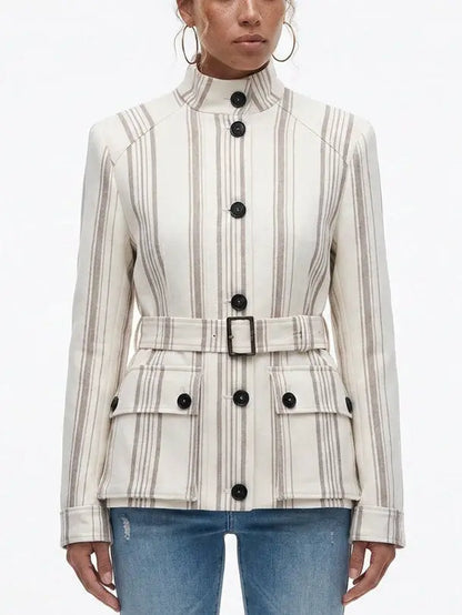 Striped Linen-Blend Belted Jacket with Stand Collar - Jackets