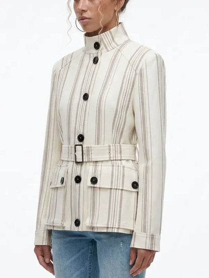 Striped Linen-Blend Belted Jacket with Stand Collar - Jackets
