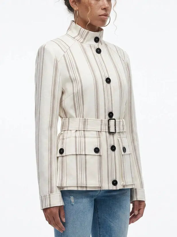 Striped Linen-Blend Belted Jacket with Stand Collar - Jackets