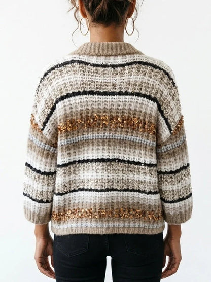 Striped Sequin Cashmere Knit Zip Front Half-Sleeve Cardigan - Sweaters & Knitwear