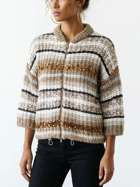 Striped Sequin Cashmere Knit Zip Front Half-Sleeve Cardigan - Sweaters & Knitwear