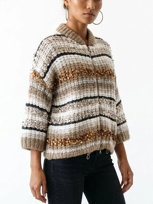 Striped Sequin Cashmere Knit Zip Front Half-Sleeve Cardigan - Sweaters & Knitwear