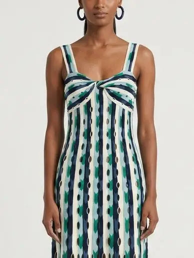 Striped Twist Front Cutout Paneled Knit Dress - Dresses
