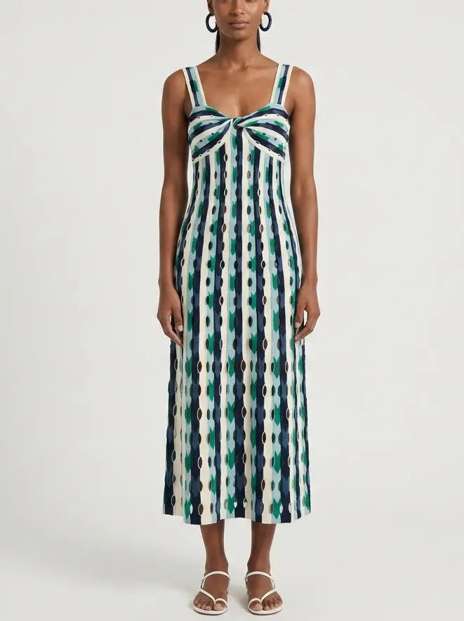 Striped Twist Front Cutout Paneled Knit Dress - Dresses