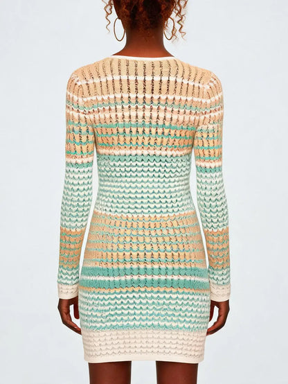 Color-Contrast V-Neck Knit Mini Dress - Dresses