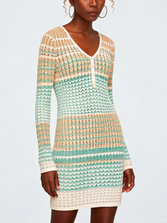 Color-Contrast V-Neck Knit Mini Dress - Dresses