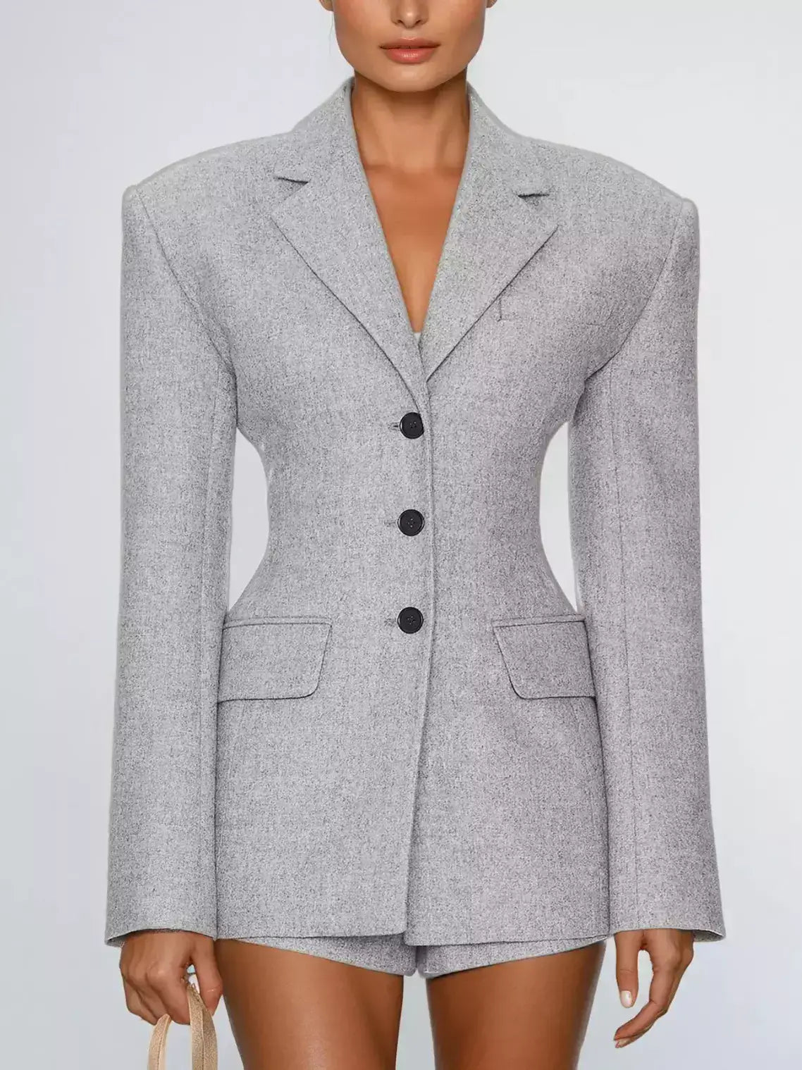 Structured-Shoulder Fitted-Waist Blazer - Small / Light Grey - Jackets