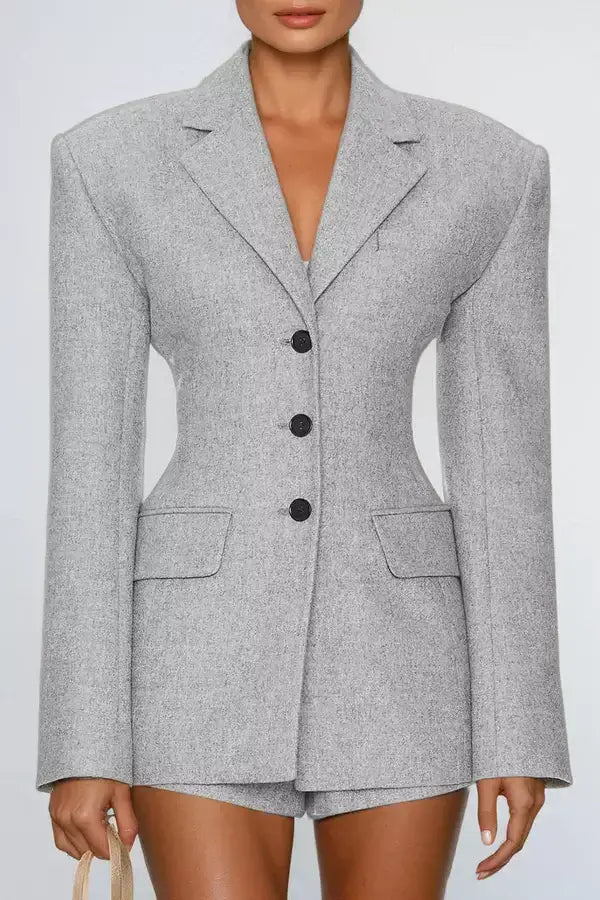 Structured-Shoulder Fitted-Waist Blazer - Medium / Light Grey - Jackets