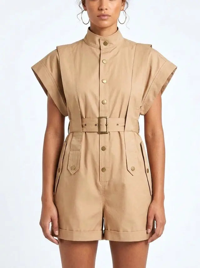 Structured Harness-Style Belted Short Jumpsuit - S / Beige - Suits & Sets