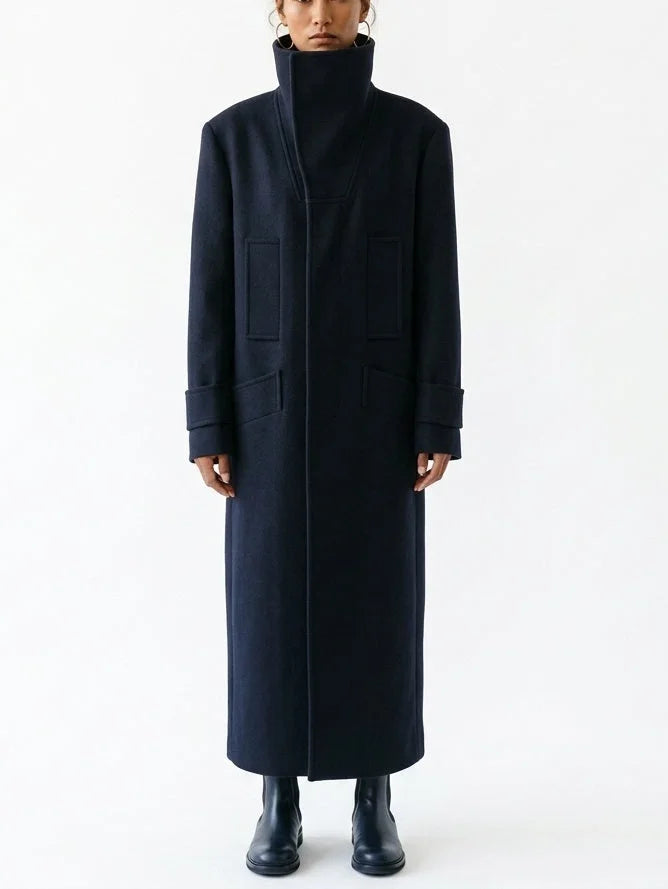 Structured High Neck Long Wool Blend Coat - Small / Black - Coats