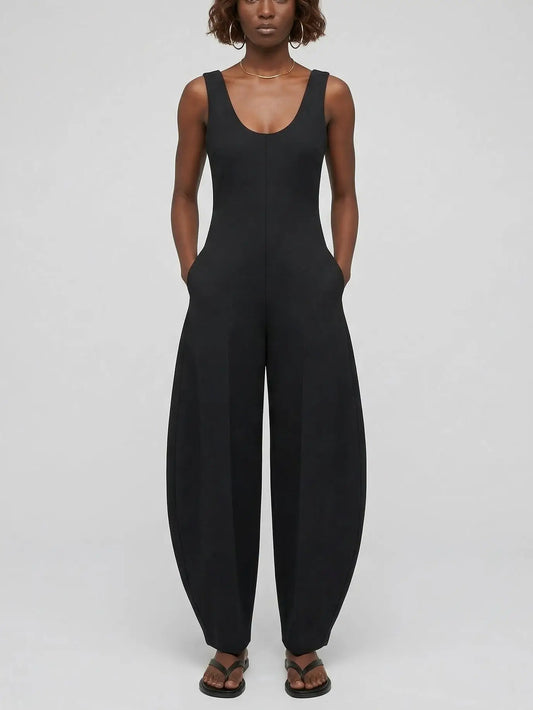 Structured Scoop Neck Balloon-Leg Jumpsuit in Black - Small - Suits & Sets