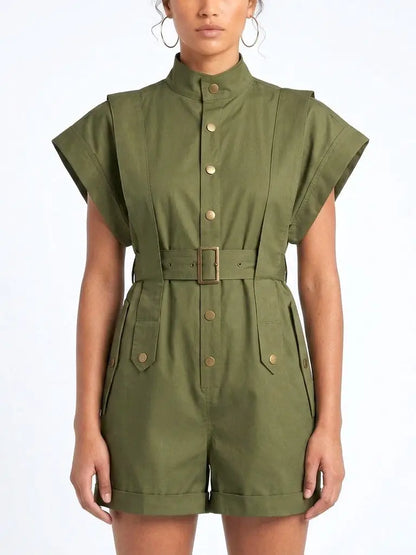Structured Harness-Style Belted Short Jumpsuit - S / Olive Green - Suits & Sets