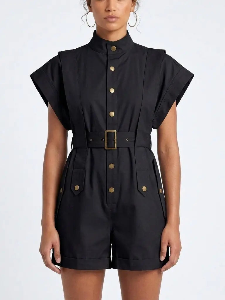 Structured Harness-Style Belted Short Jumpsuit - S / Black - Suits & Sets