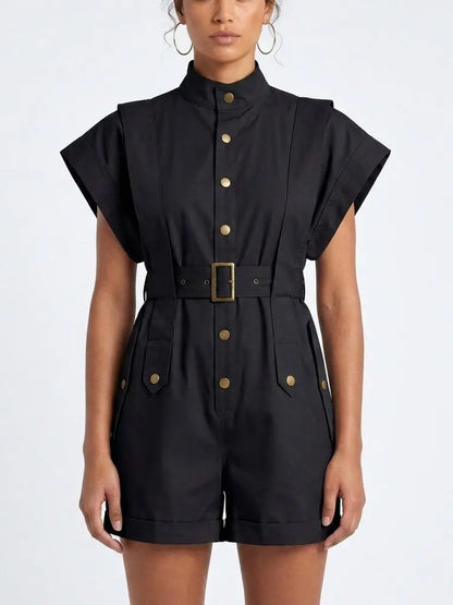 Structured Harness-Style Belted Short Jumpsuit - S / Black - Suits & Sets