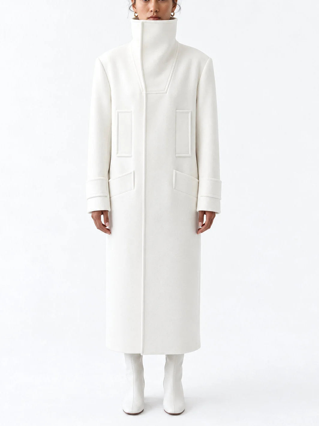 Structured High Neck Long Wool Blend Coat - Small / White - Coats