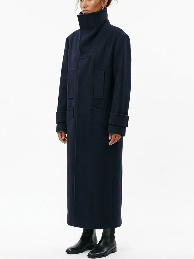 Structured High Neck Long Wool Blend Coat - Coats