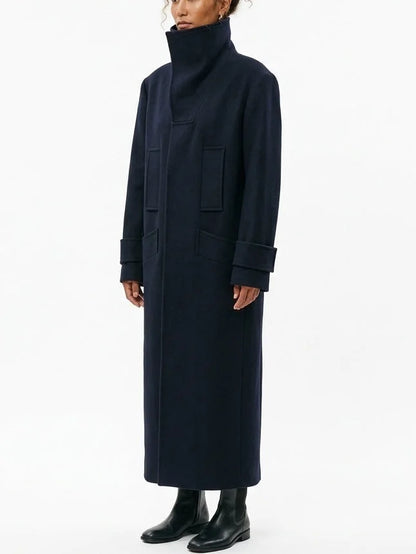 Structured High Neck Long Wool Blend Coat - Coats