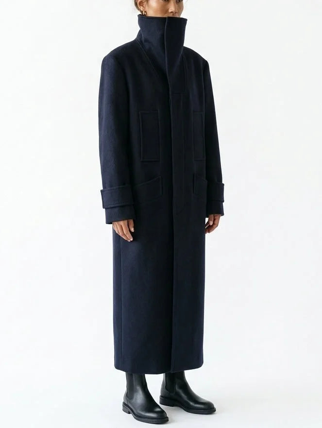Structured High Neck Long Wool Blend Coat - Coats