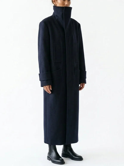 Structured High Neck Long Wool Blend Coat - Coats