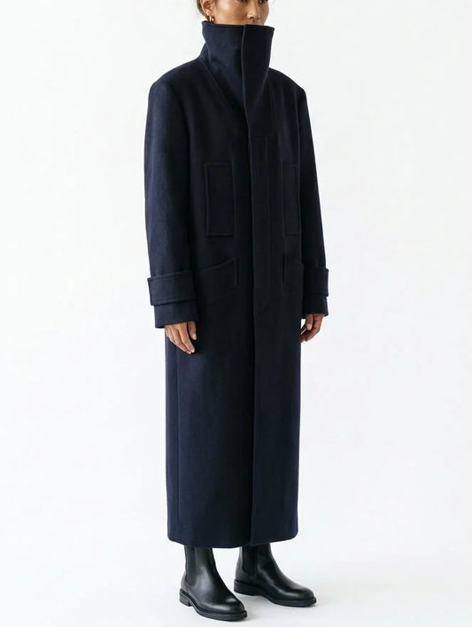 Structured High Neck Long Wool Blend Coat - Coats