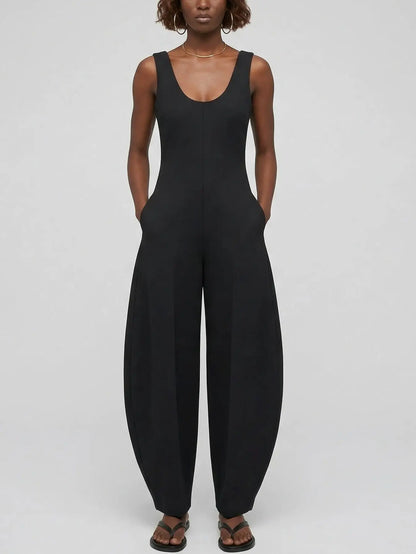 Structured Scoop Neck Balloon-Leg Jumpsuit in Black - Suits & Sets
