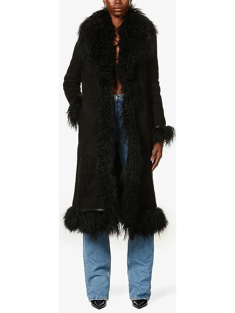 Suede and Lambswool Long Coat, Black - Branna Couture