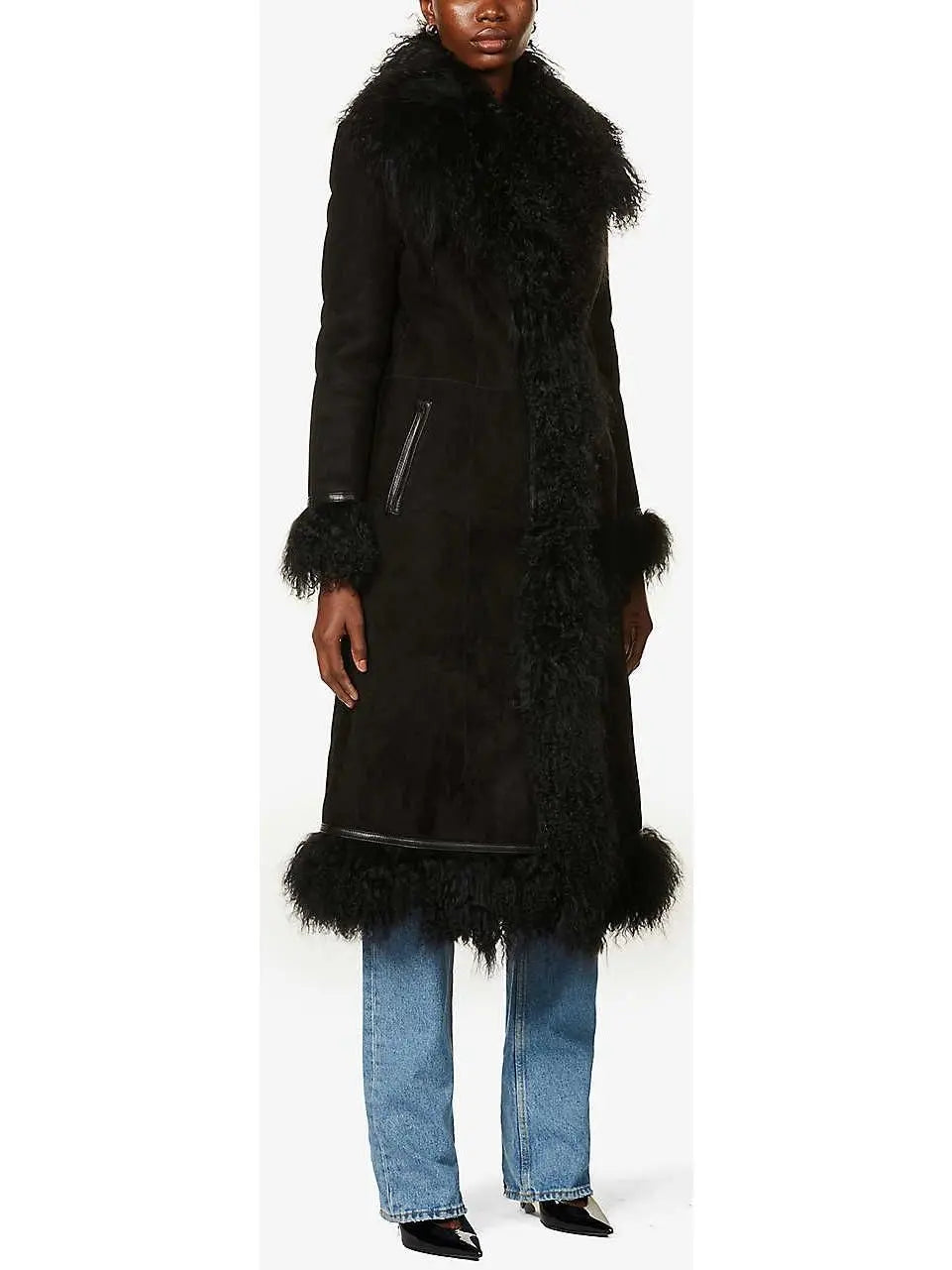 Suede and Lambswool Long Coat, Black - Branna Couture