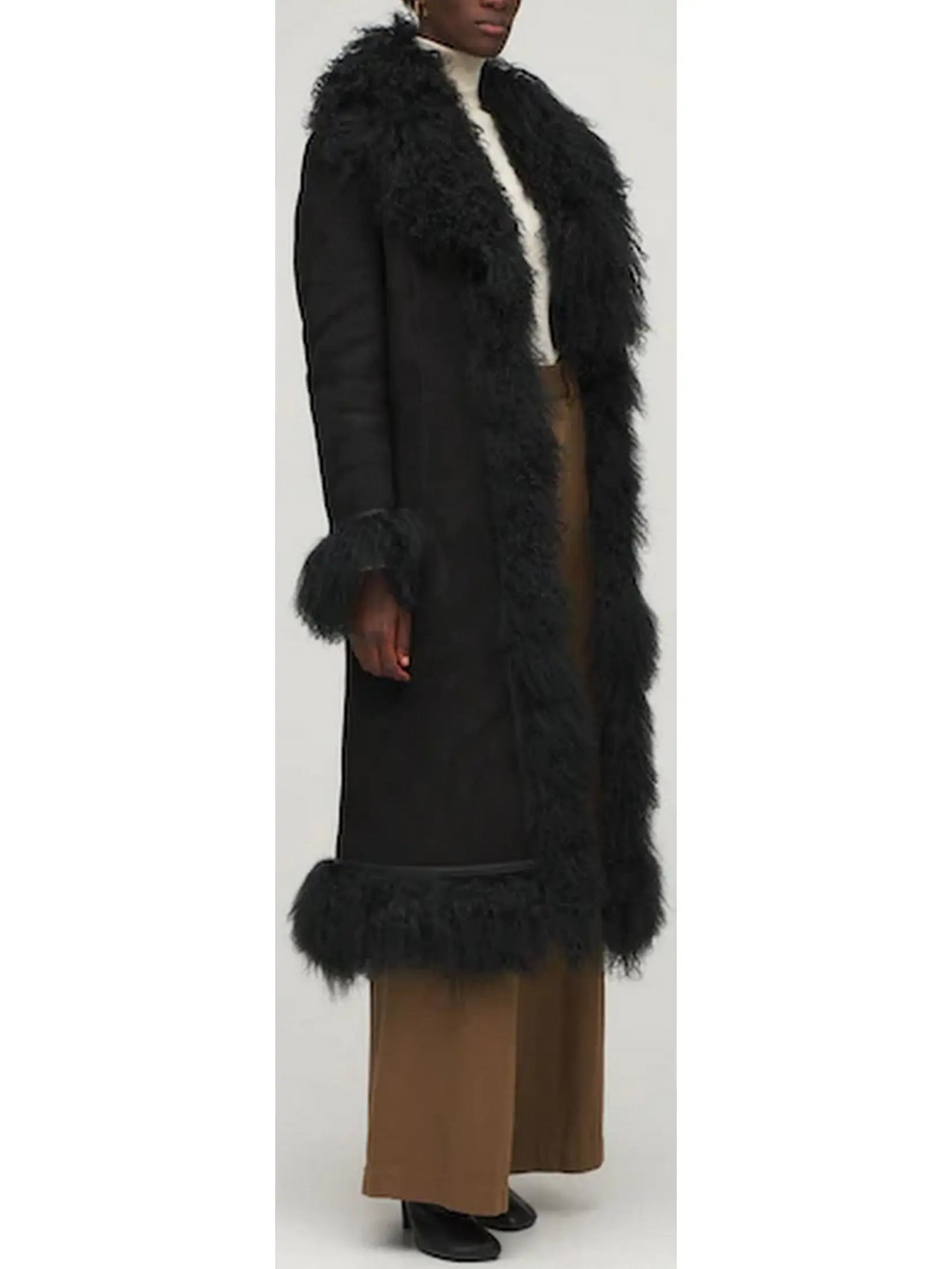 Suede and Lambswool Long Coat, Black - Branna Couture