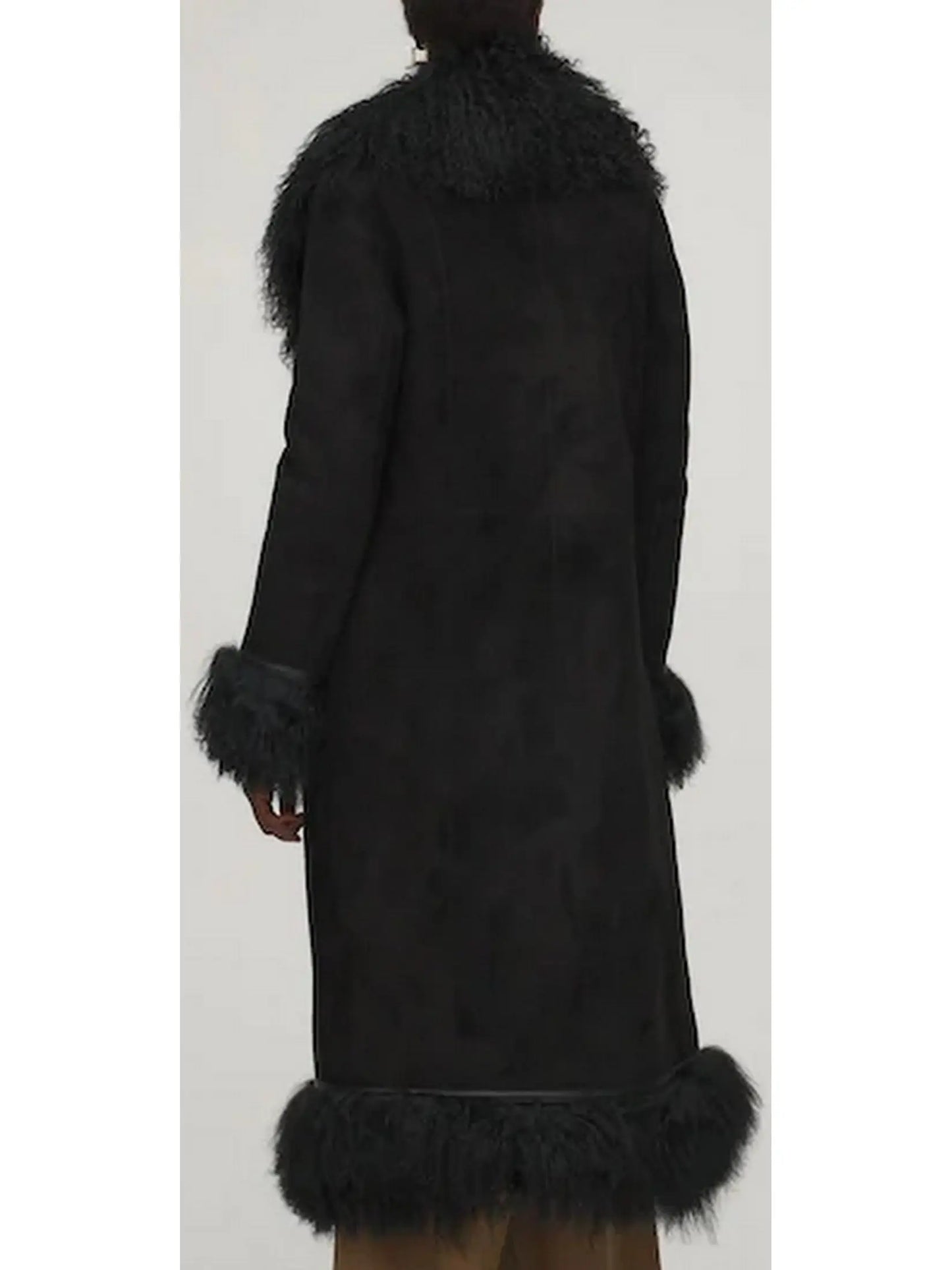 Suede and Lambswool Long Coat, Black - Branna Couture