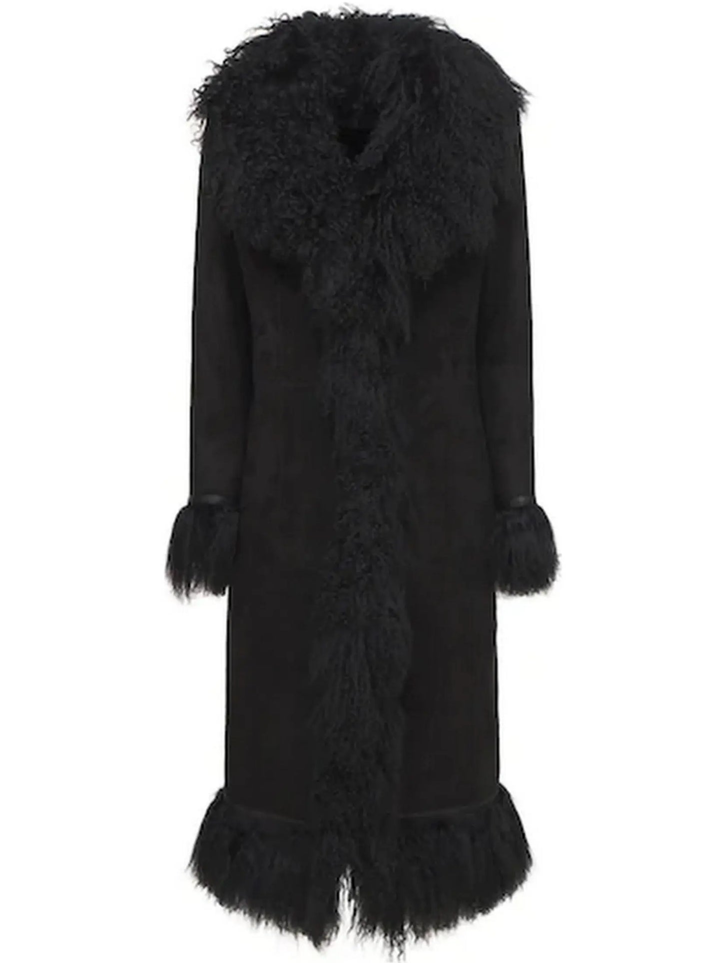 Suede and Lambswool Long Coat, Black - Branna Couture