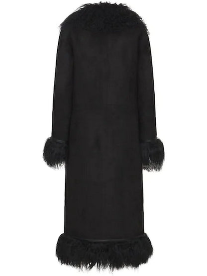 Suede and Lambswool Long Coat, Black - Branna Couture