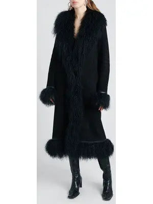 Suede and Lambswool Long Coat, Black - Branna Couture