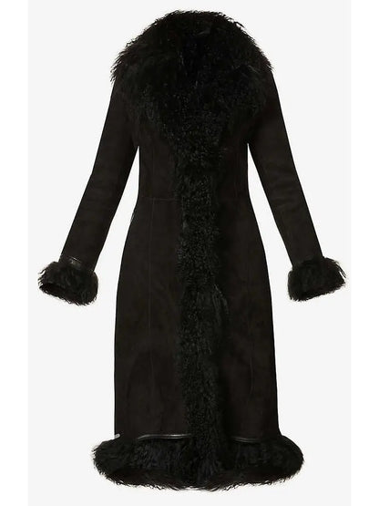 Suede and Lambswool Long Coat, Black - Branna Couture