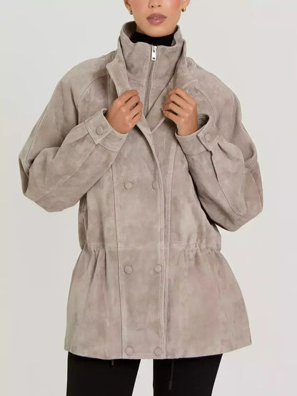 Suede Jacket with Drawstring Waist in Light Taupe - S - Jackets