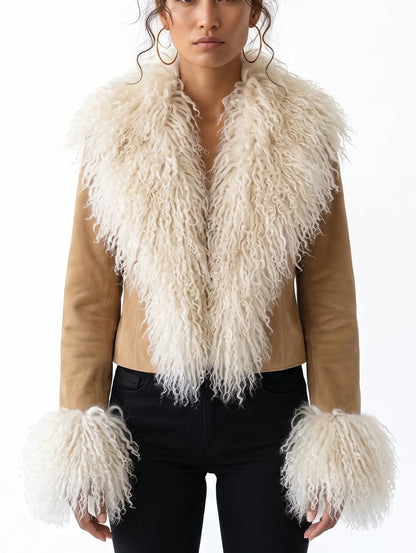 Suede Jacket with Oversized Fur Collar and Cuffs - S - Jackets