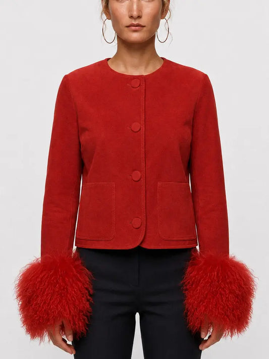 Suede Jacket with Voluminous Shearling Cuffs - S / Red - Jackets