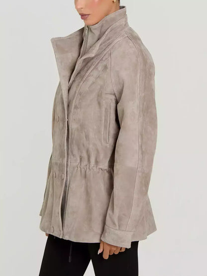 Suede Jacket with Drawstring Waist in Light Taupe - Jackets
