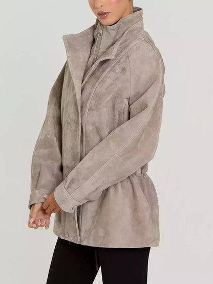 Suede Jacket with Drawstring Waist in Light Taupe - Jackets