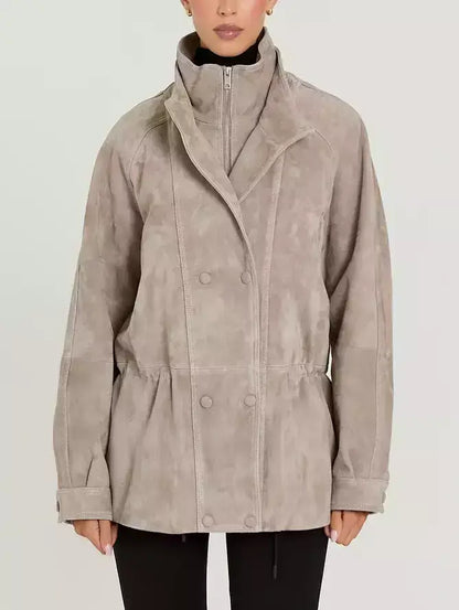 Suede Jacket with Drawstring Waist in Light Taupe - Jackets