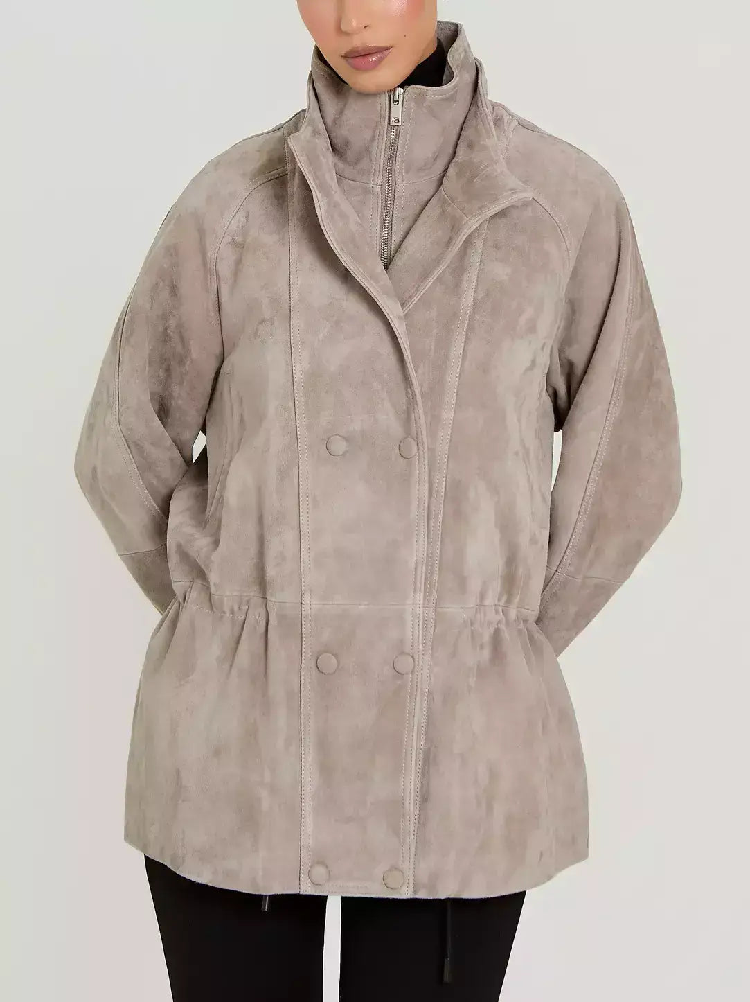 Suede Jacket with Drawstring Waist in Light Taupe - Jackets